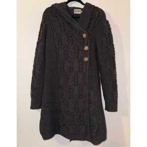 SAOL Ireland Women 100% Merino Wool Cable Knit Hooded Cardigan Charcoal Gray L